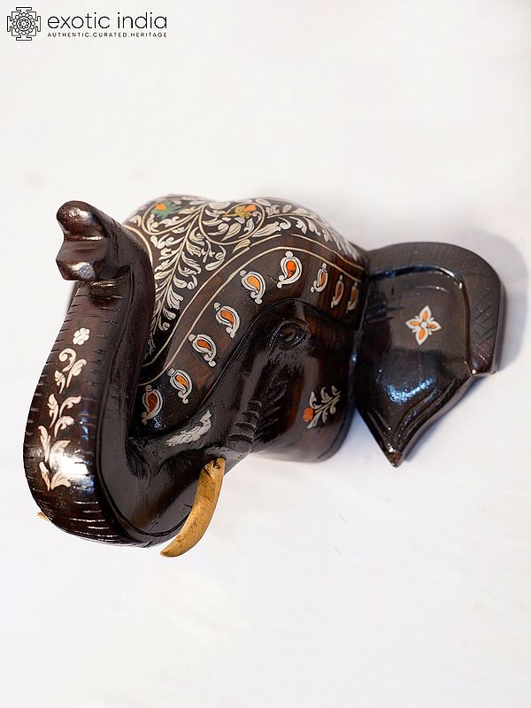 12" Beautiful Head Of Elephant With Inlay Work | Handmade Rosewood Figurine