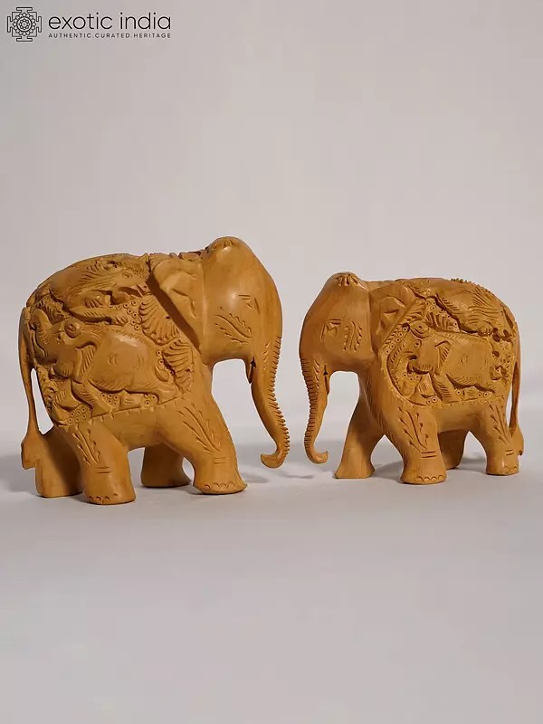 6" The Royal Elephants - Set Of 2 | Handmade White Wood Figurine