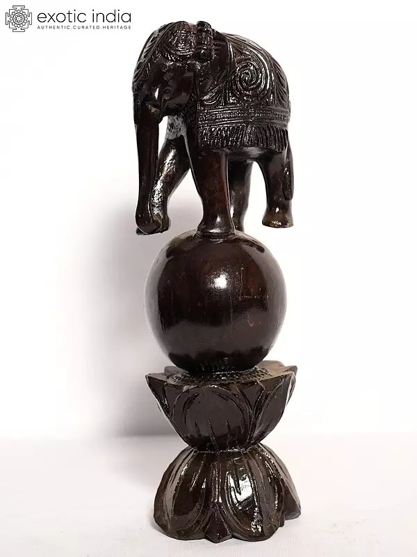 15" Wood Elephant On Ball With Lotus Base | Handmade Rosewood Figurine