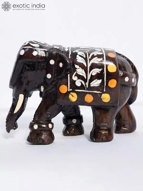7" Handcrafted Elephant With Inlay Work | Handmade Rosewood Figurine
