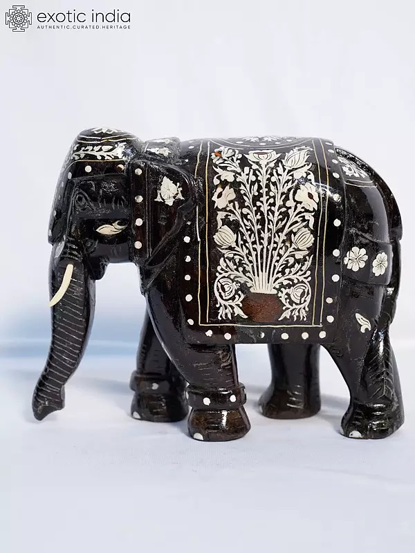 9" Amazing Elephant With Inlay Work | Handmade Rosewood Figurine
