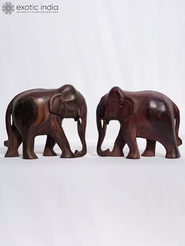 10" Pair Of Elephant Statue For Home | Handmade Rosewood Figurine
