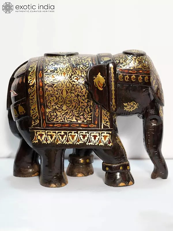 17" Elephant Statue With Golden Inlay Work | Handmade Rosewood Figurine
