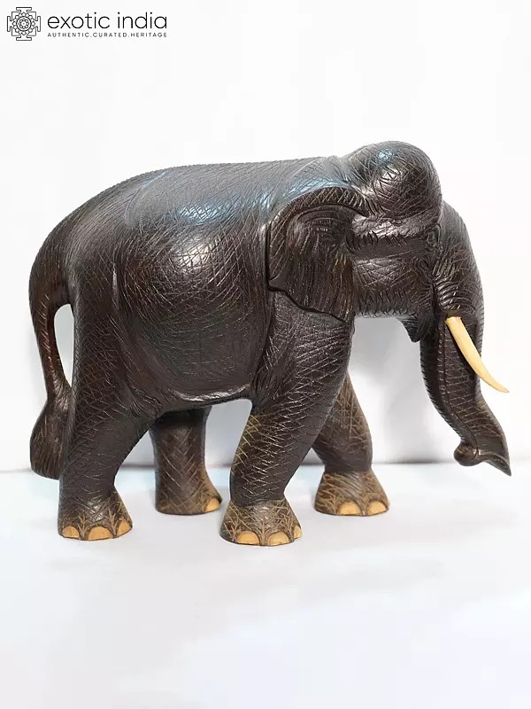 19" Elephant Sculpture With Pointed Tusks | Handmade Rosewood Figurine