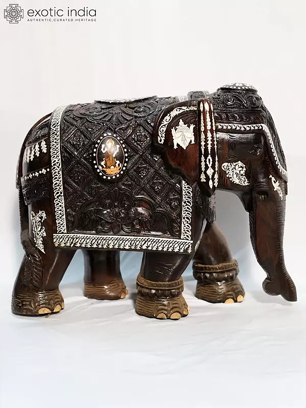 24" Royal Elephant With Beautiful Carving And Inlay Work | Handmade Rosewood Figurine