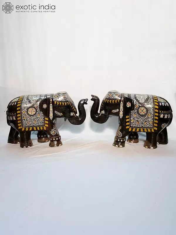 27" Designer Sculpture Of Elephant With Inlay Work | Handmade Rosewood Figurine