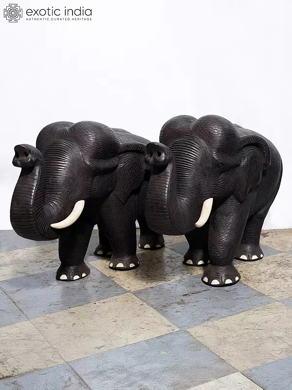 27" Wood Statue Of Elephant - Set Of 2 | Handmade Rosewood Figurine