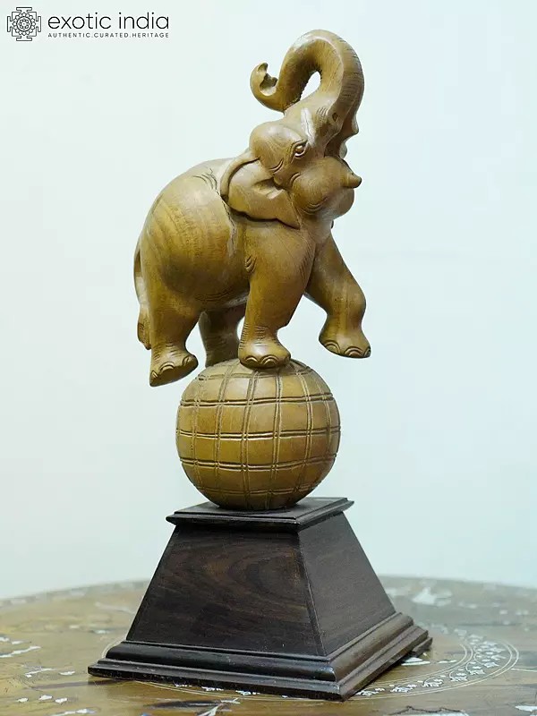 22" Dancing Elephant On Ball | Handmade Shivani Wood Figurine