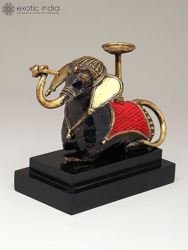 8" Brass Elephant with Candle Stand on Wood Base | Dhokra Art | Table Decor