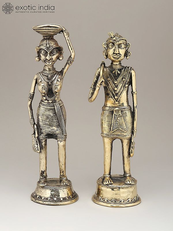 13" Working Tribal Man and Woman (Pair) | Dhokra Art | Decorative Brass Statues