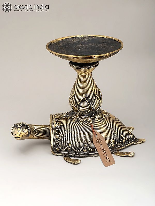 10" Decorative Brass Tortoise with Candle Stand | Dhokra Art | Home Decor