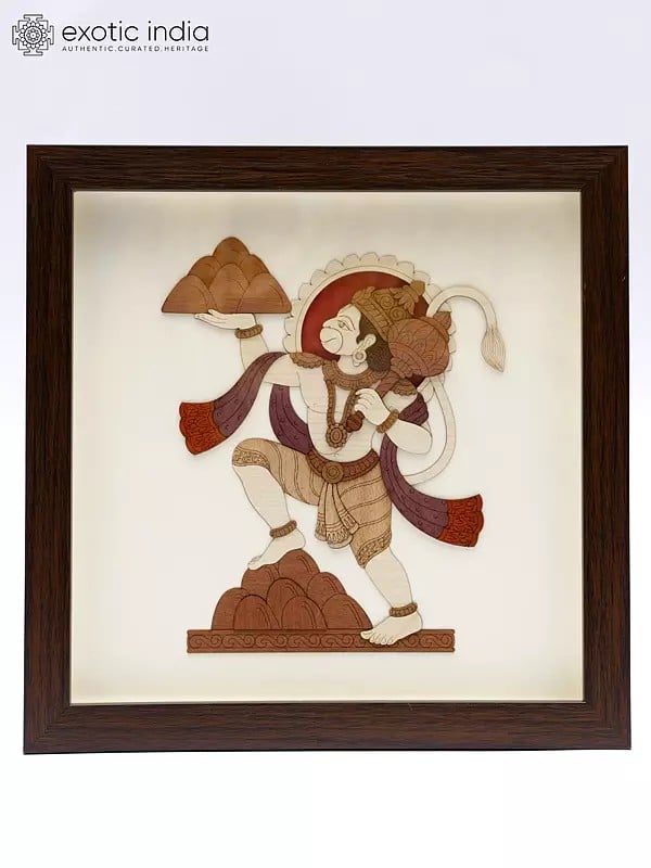 Lord Hanuman Carrying Mountain of Sanjeevani Herbs | Wood Carved Frame | Wall Hanging