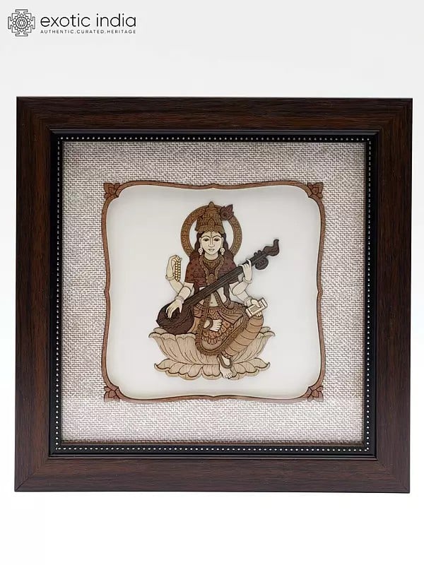 Goddess Saraswati | Wood Carved Frame | Wall Hanging