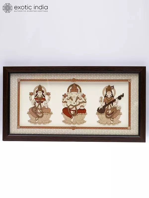 Lakshmi Ganesha Saraswati | Wood Carved Frame | Wall Hanging