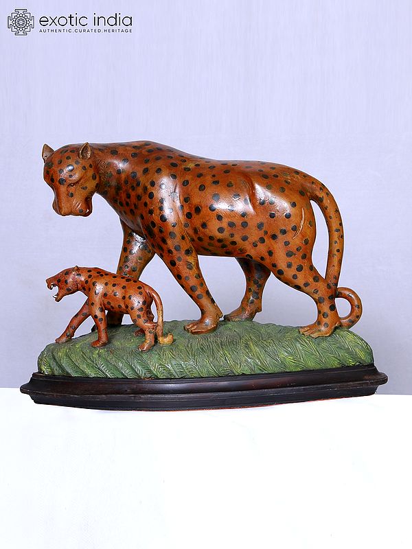 16" Leopard And Cub Wooden Sculpture | Handmade | Décorative Statue