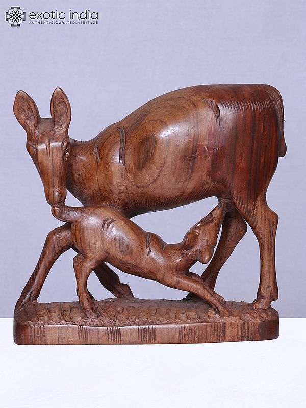 9" Deer With Fawn Wooden Statue | Handmade | Decorative Figurine