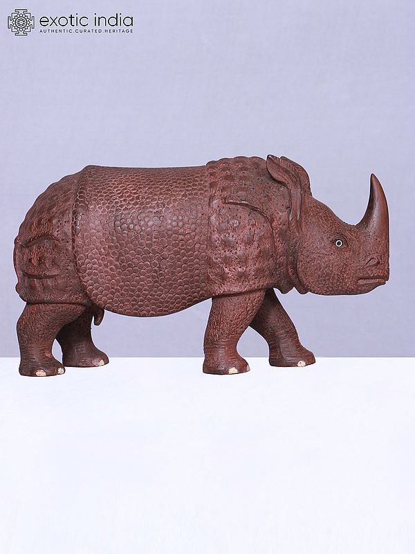 10" Wooden Statue Of Rhino | Handmade | Decorative Sculpture