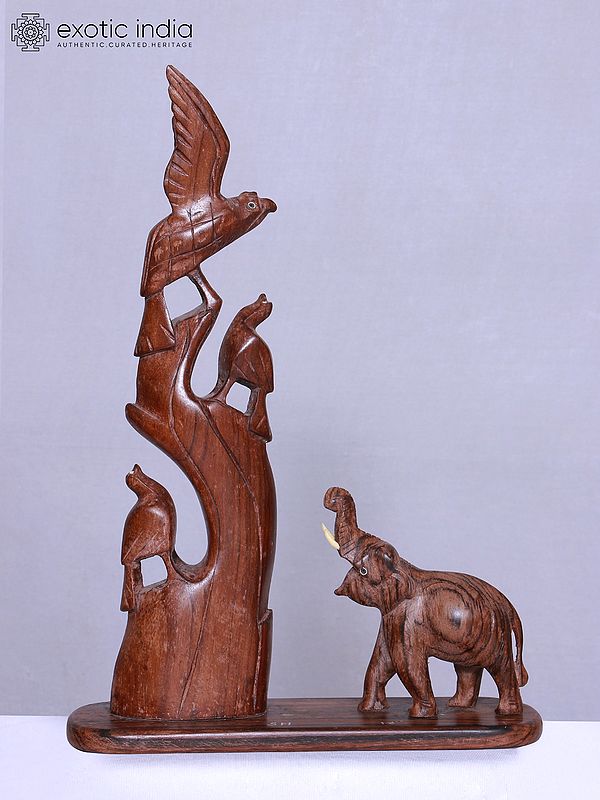 18" Roaring Elephant And Birds Wooden Sculpture | Home Décor Figurine