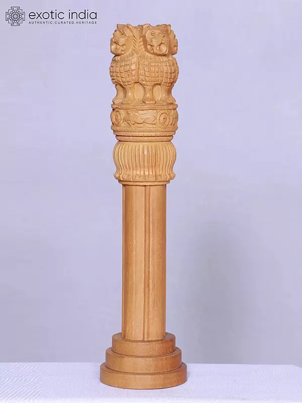 12" White Wooden Ashoka Stambh | Wood Carving | Table Décor