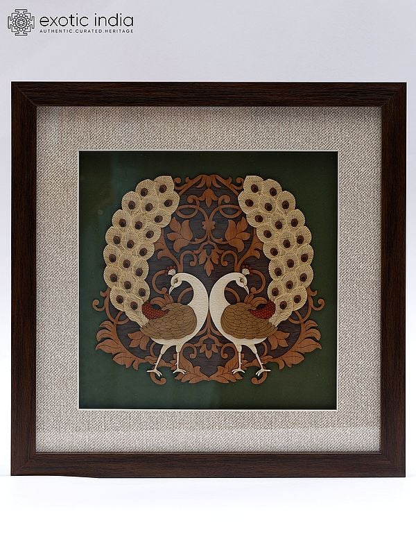 Pair of Peacocks with Beautiful Long Tail | Wood Carved Frame | Wall Hanging