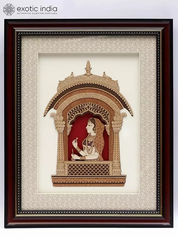 Lady Standing at The Jharokha with Flower Waiting for Her Husband | Wood Carved Frame | Wall Hanging