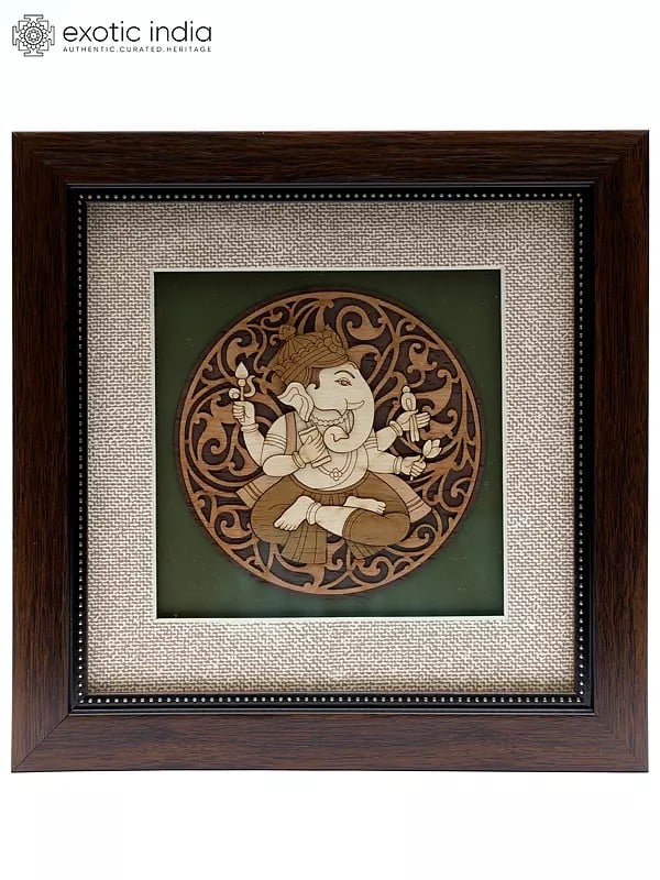 Chaturbhuja Lord Ganesha | Wood Carved Frame | Wall Hanging