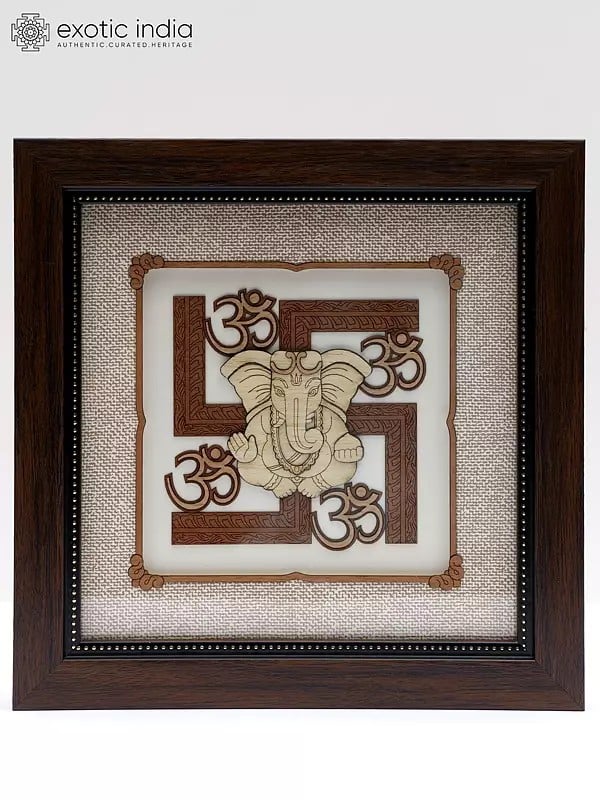 Blessing Lord Ganesha with Auspicious Hindu Symbols | Wood Carved Frame | Wall Hanging