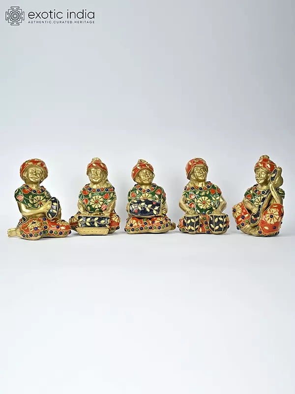 5" Set of Five Musicians Brass Statues with Inlay Work | Table Decor for Bedroom