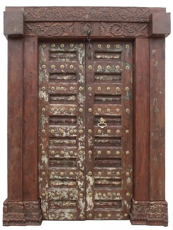 86" Large Traditional Flower Carved Teak wood Door With Knock