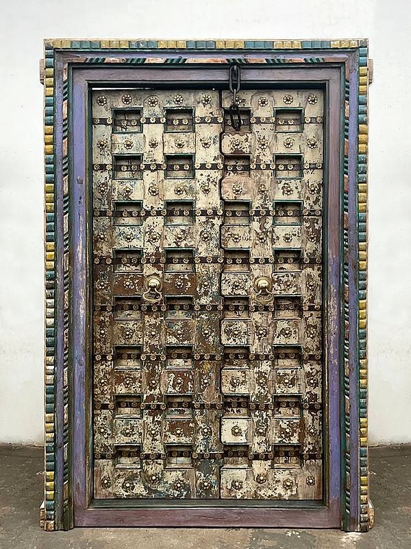 81" Large Vintage Indian Teak Wood Door With Knock