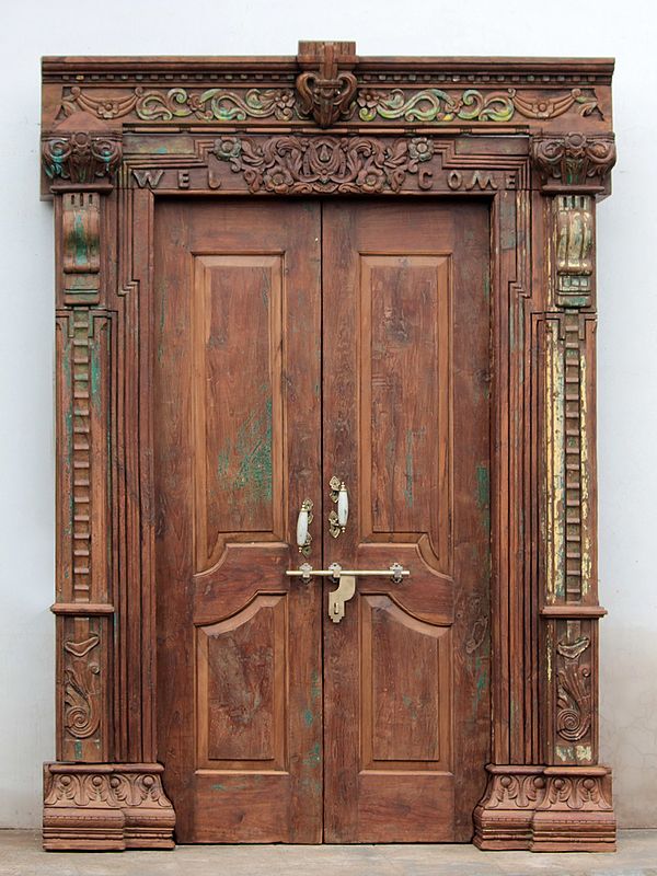 92" Large Old Traditional Flower Carved Teak Wood Indian Door