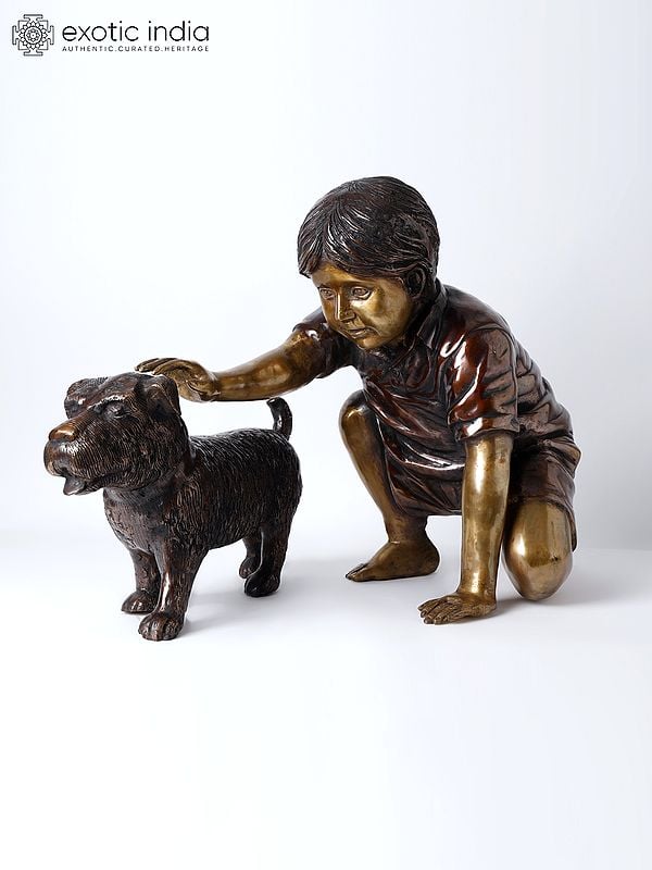 24" Boy Caressing Puppy | Decorative Brass Statue | Home Decor