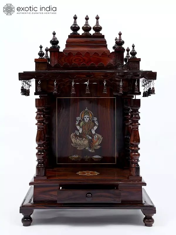 34" Designer Puja Temple in Wood with Goddess Lakshmi Inlay