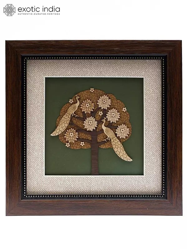 Peacock on Tree | Wood Carved Frame | Wall Hanging