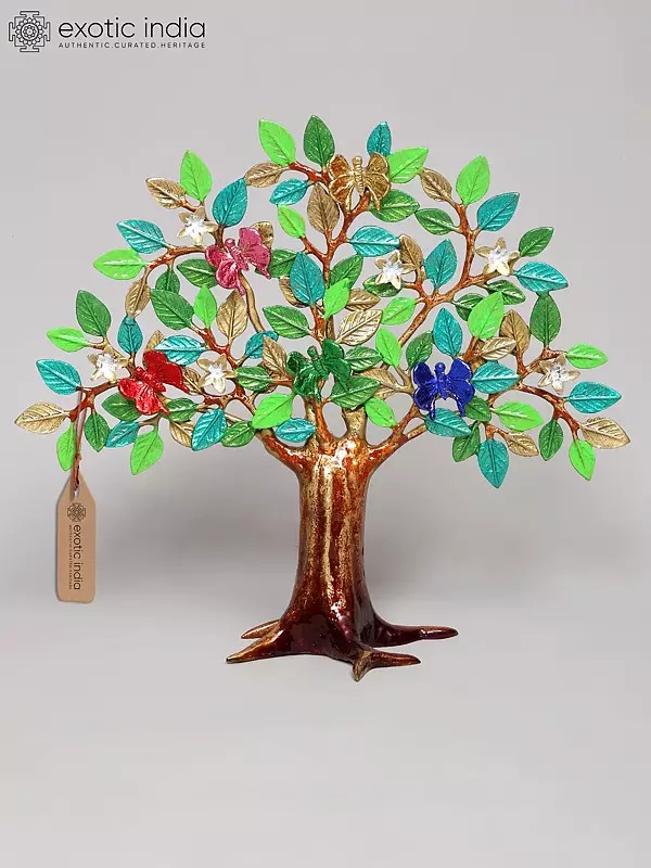 13" Brass Colorful Tree of Life with Butterflies | Home Decor