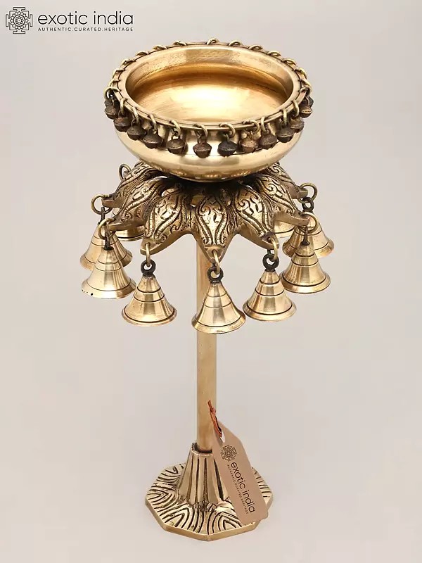 16" Designer Standing Brass Urli with Bells | Home Decor
