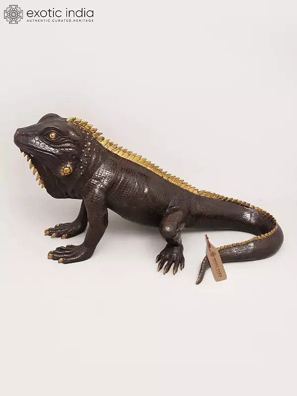 41" Life-Size Golden-Spiked Brass Iguana Sculpture - Realistic Reptile Art | Home Decor