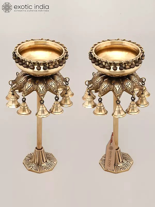 16" Pair of Designer Brass Urli with Dangling Bells | Home Decor