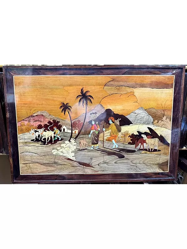 36" Elephant Family Under the Trees | Rosewood Panel Painting