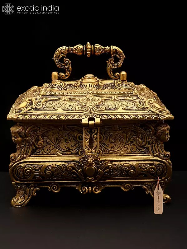 9" Stylish Brass Jewelry Box with Handle | Handmade | Made In India