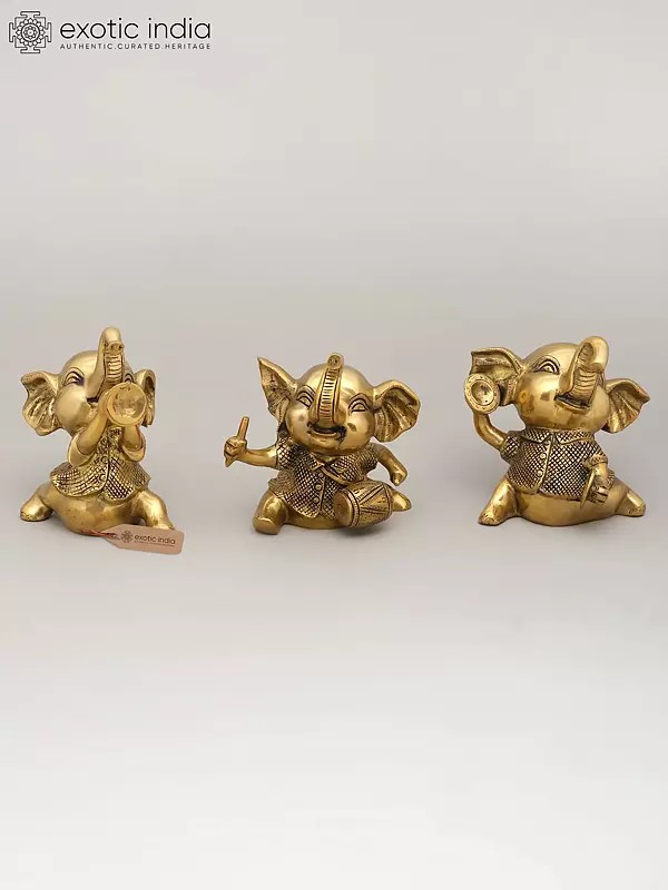 7" Joyful Musical Baby Elephant Trio | Set of Three Brass Statues | Home Decor