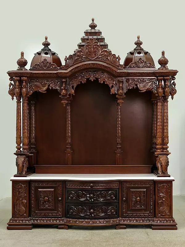 65" Large Handcrafted Wooden Temple | Wooden Pooja Mandir with Drawers