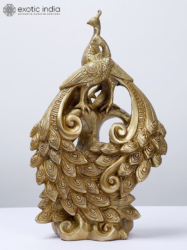 12" Pair of Peacocks with Beautiful Tail | Brass Statue