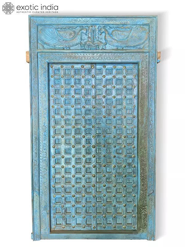 85" Large Traditional Hand Carved Peacock Design Door For Home