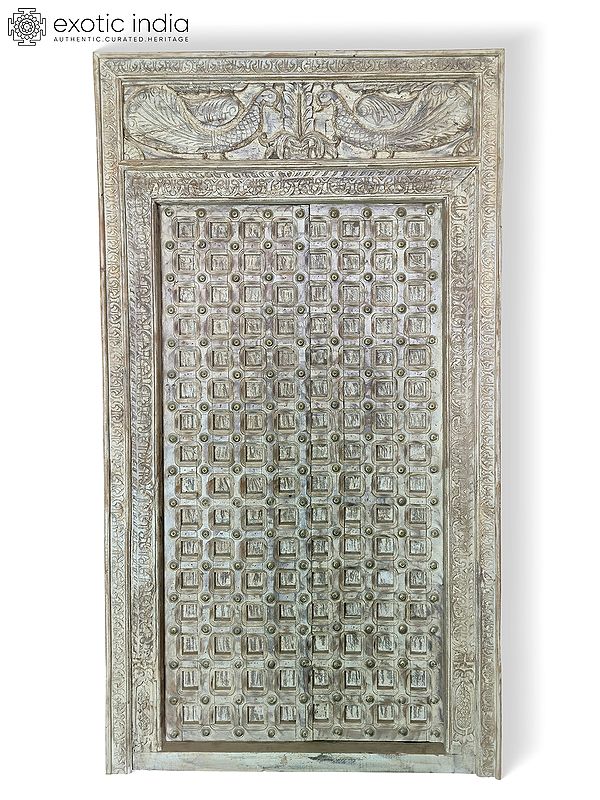 85" Large Vintage Style Attractive Hand Carved Peacock Design Wood Door