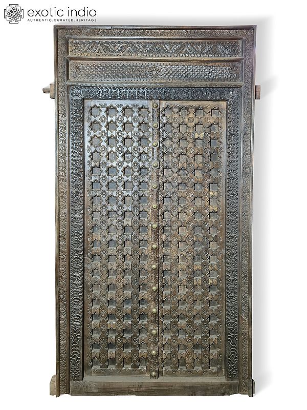 94" Vintage Style Large Floral Hand Carved Main Wood Door