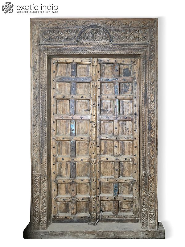 96" Traditional Large Flower Hand Carved Wood Door For Home