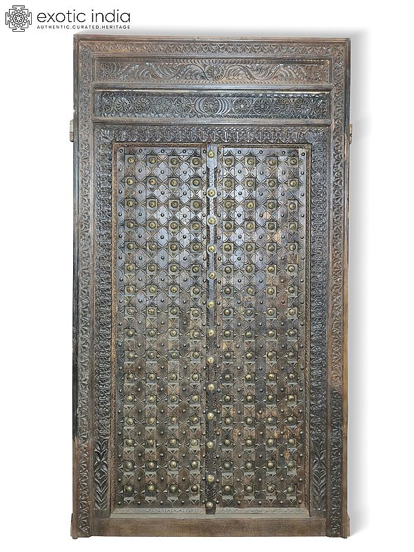 92" Vintage Style Floral Hand Carved Main Wood Door
