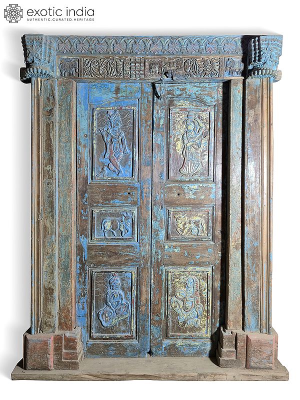 87" Vintage Style Lord Krishna Hand Carved Wood Door