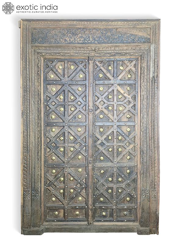 94" Large Vintage Style Floral Hand Carved Indian Wood Door